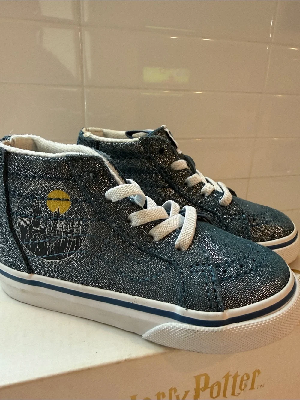 Vans Kids High-Top Sneakers in Navy with Yellow Accent